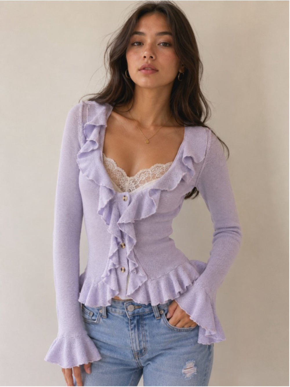 LPA Ruffle Trim Cardigan NWT Lavender Sweater Size Medium Cotton Silk